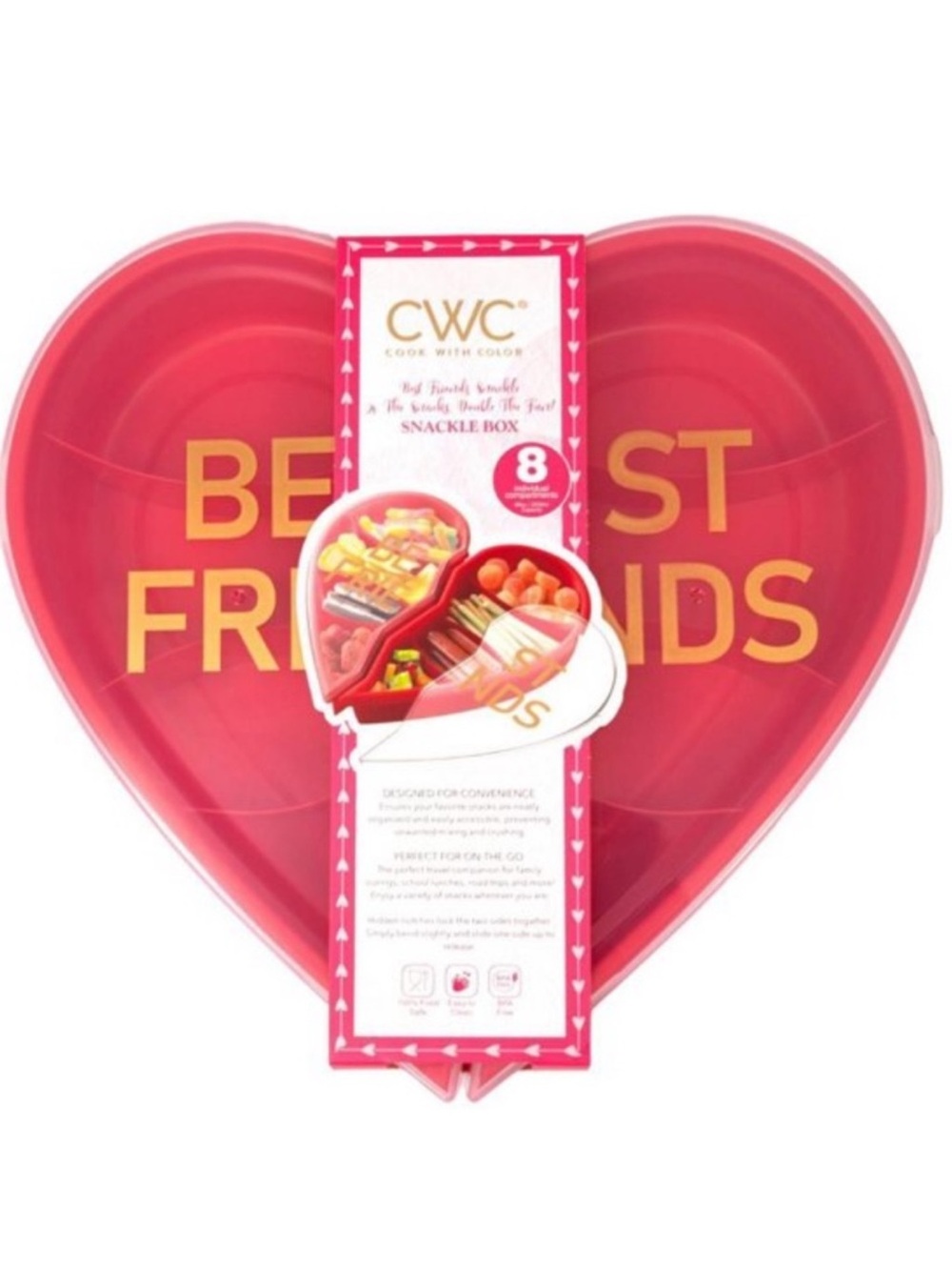 NEW! RED heart shape best friends snackle box with 8 individual compartments